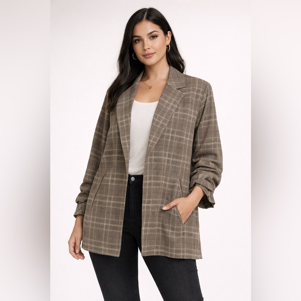 Philosophy Oversized Plaid Neutral Open Blazer Ruffle Sleeve Size 1X